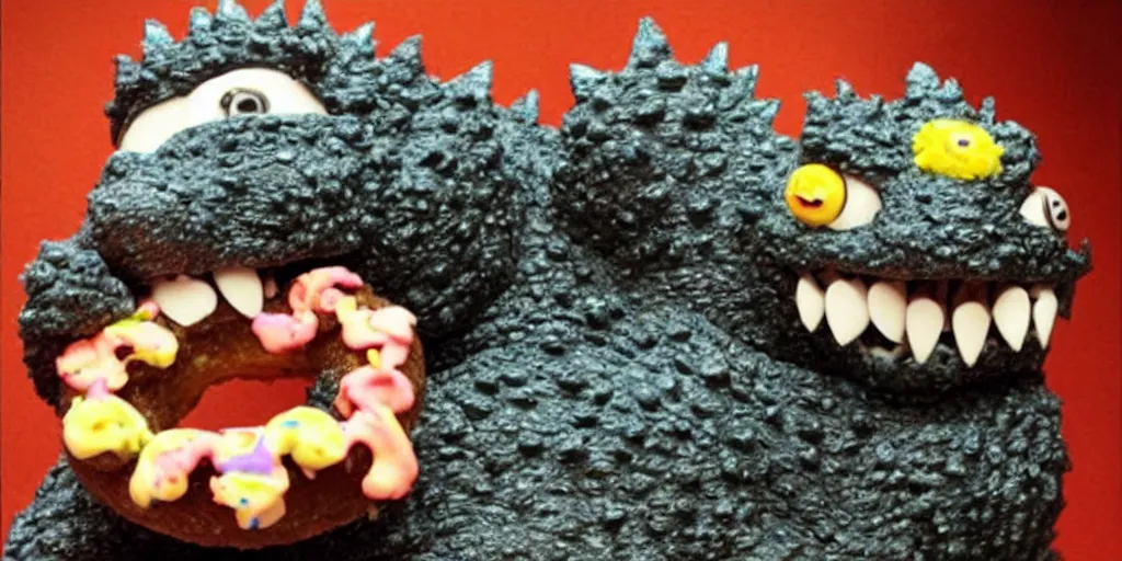 Prompt: godzilla eating donuts, happy friday everyone, funny, happy, silly, funny