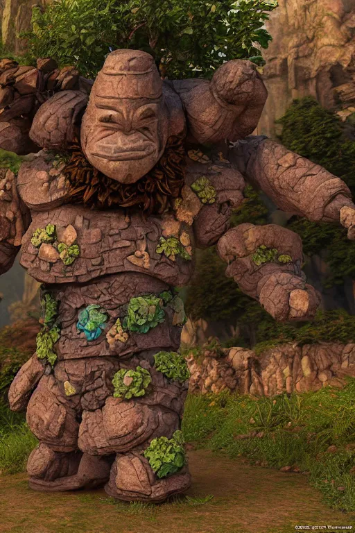 Image similar to zelda fantasy art giant golem troll wood rock greeble gemstone, global illumination ray tracing hdr fanart arstation by sung choi and eric pfeiffer and gabriel garza and casper konefal