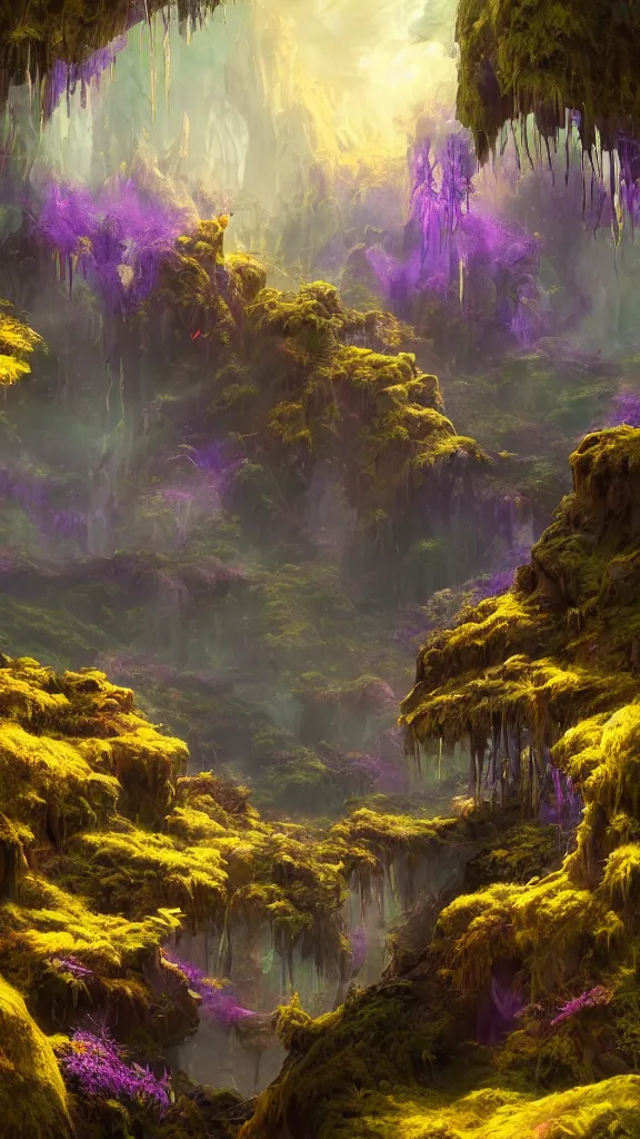 Prompt: a 3D render of a fantasy scenery artwork, yellow-tinted with a hint of purple, thriving ecosystem, wide-angle, high contrast, highly detailed, sharp focus, digital painting, 3D art, illustration, trending on artstation,