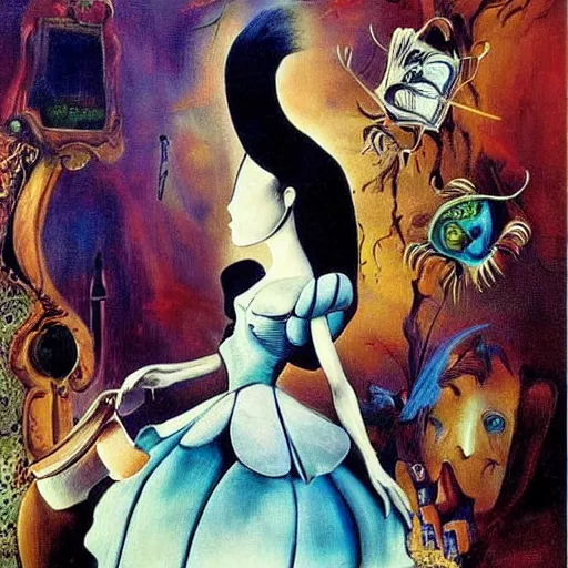 Image similar to Alice in Wonderland, painted by Salvador Dali, realistic painting, masterful painting