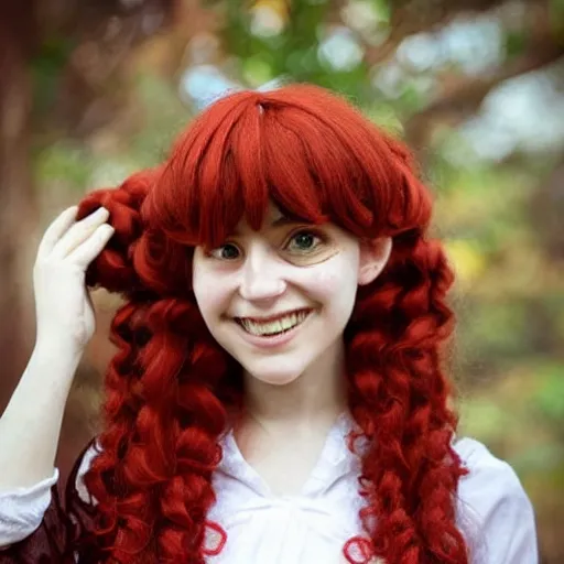 Image similar to woman with long curly red hair in villager cosplay from super smash brothers. beautiful. relaxed. realistic photo. cosplay photoshoot. high detail. convention photo.