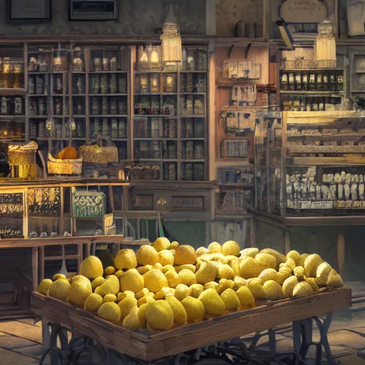 Image similar to still of the lemon shop, where they sell lemons, dslr, 8 k, octane beautifully detailed render, cold lighting, cinematic lighting, detailed photo, masterpiece, volumetric lighting, ultra realistic, highly detailed, high quality, lossless, photorealistic