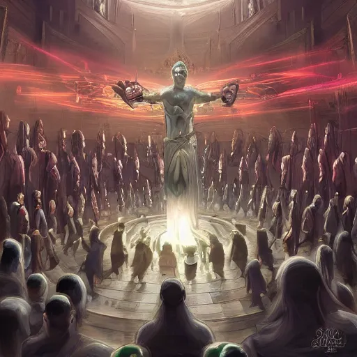 Prompt: cinematic artwork long shot of souls lining up to be judged by a demigod in the afterlife, scales of justice, digital art