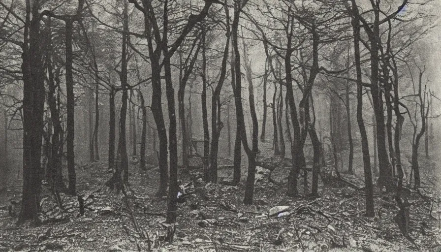 Prompt: photo of 19th century dark noir mine in the forest by Diane Arbus and Louis Daguerre
