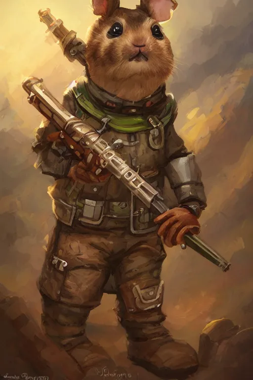 Image similar to cute little anthropomorphic Guinea Pig Soldier wielding a rocket launcher, tiny, small, short, pixelated army camouflage, cute and adorable, pretty, beautiful, DnD character art portrait, matte fantasy painting, DeviantArt Artstation, by Jason Felix by Steve Argyle by Tyler Jacobson by Peter Mohrbacher, cinematic lighting