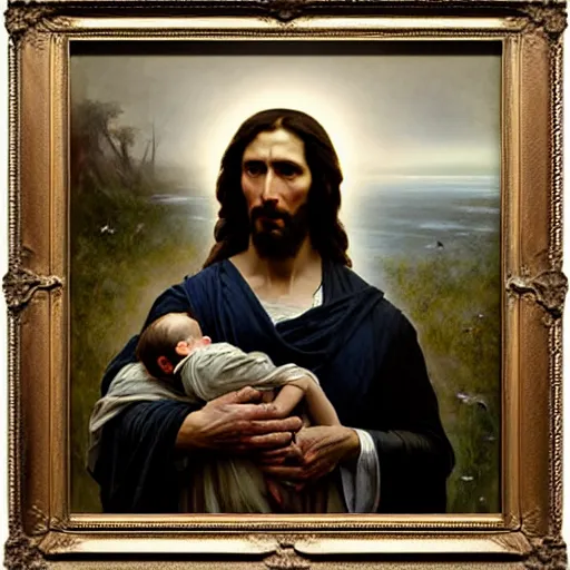 Image similar to photograph imax and solomon joseph solomon and richard schmid and jeremy lipking victorian loose genre loose painting full length portrait painting of jesus