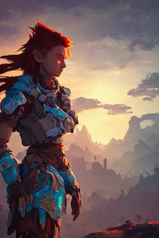 Image similar to combination suit armor aloy horizon forbidden west horizon zero dawn radiating a glowing aura global illumination ray tracing hdr fanart arstation by ian pesty and alena aenami artworks in 4 k tribal robot ninja mask helmet backpack