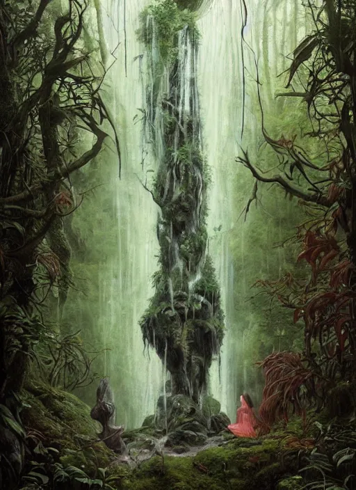 Image similar to a hyper realistic architectural witch shrine under a waterfall in the woods, gorgeous lighting, lush forest foliage, painting by chiara bautista and tom bagshaw, muca beksinski and norman rockwell and greg rutkowski weta studio, and lucasfilm