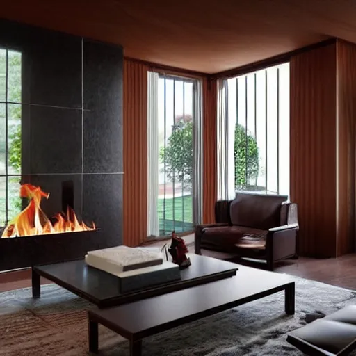 Prompt: a living room filled with furniture and a fire place, an abstract sculpture by maginel wright enright barney, featured on pinterest, modernism, art deco, vray tracing, symmetrical