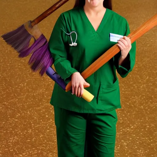 Image similar to a nurse with long brown hair and wearing green scrub pants riding a broomstick like a witch