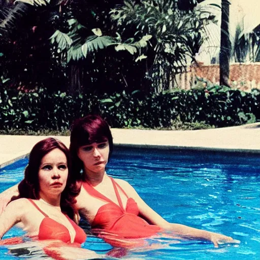 Image similar to two woman in the pool, film camera style, la piscine 1 9 6 9 film aesthetics, 1 9 7 0 s