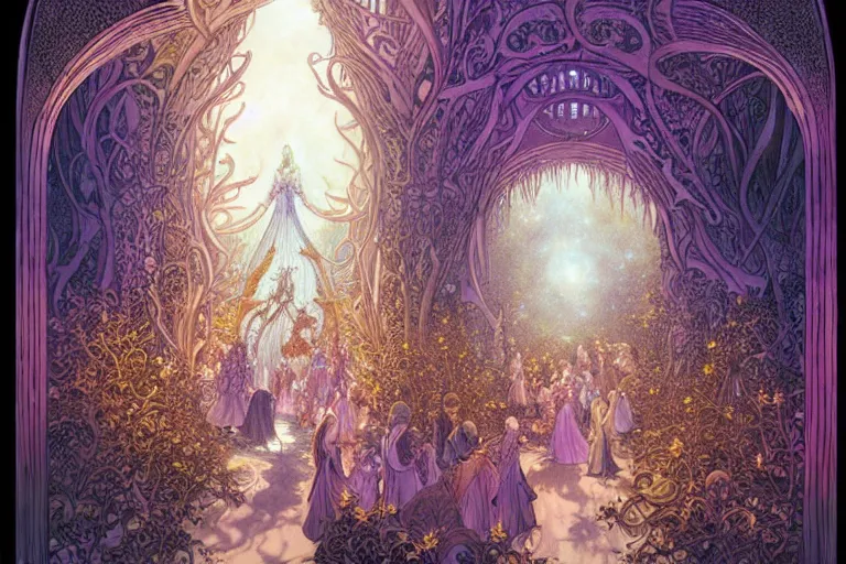 Prompt: a delicate mtg illustration by rebecca charles vess and rebecca guay of a large group of people entering the glowing doorway of a massive orchid - shaped temple constructed of carved iridescent pearls and house - sized crystals of smooth and organic architecture floating in the astral plane