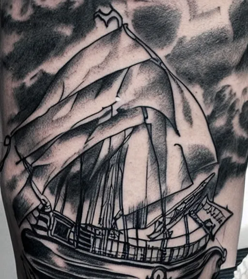 Image similar to A realistic tattoo design sketch of a pirate ship, paper background, black and white, highly detailed tattoo, shaded tattoo, hyper-realistic tattoo