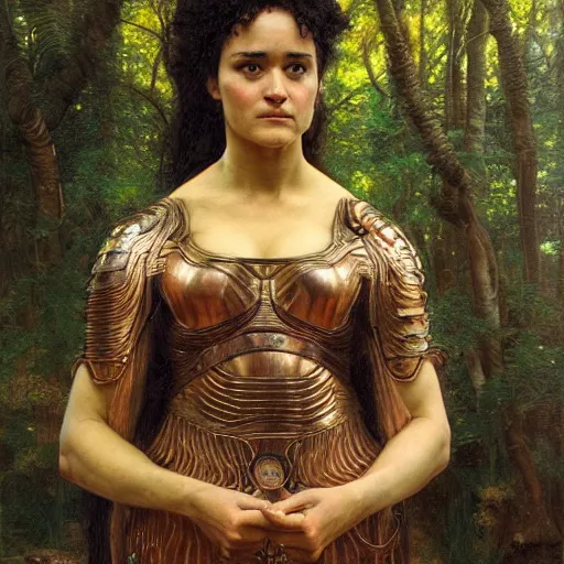 Image similar to a detailed, beautiful portrait oil painting of keisha castle hughes, with a hurt expression, wearing intricate, etched copper armor in an ancient forest, by donato giancola, john williams waterhouse, and william adolphe bouguereau