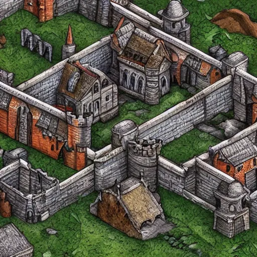 Prompt: Isometric macro render castle town surrounded by walls, isometric view, blacksmith, tavern, church, shops, highly detailed, tarnished paper, gardens, trees, flowers, grass, city square, rivers, windmills, watermills, ultra-realistic.