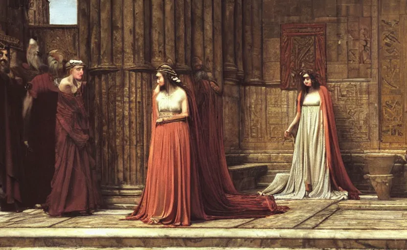 Prompt: an extremely detailed, realistic painting of penelope : : a beautiful queen on a platform in a throne room : : ancient greece : : thick smoke : : a throne room filled with servants : : old beggar in the foreground : : in the style of john william waterhouse, frederick s. church, john collier, mysterious mood, cinematic