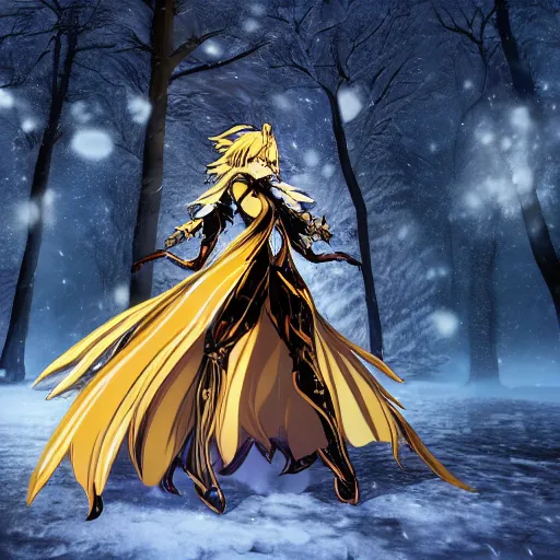 Image similar to full shot focus of beautiful darkness knight 3D anime girl, golden armor wearing, dark forest background, snowing, bokeh, inspired by Masami Kurumada, digital painting, high contrast, unreal engine render, volumetric lighting, high détail