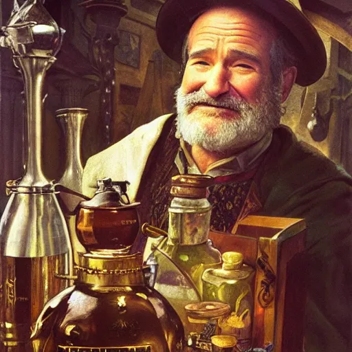 Image similar to an ultradetailed portrait of robin williams dressed as an alchemist, brewing potions in a workshop, d & d, fantasy, intricate, elegant, highly detailed, digital painting, matte, sharp focus, illustration, art by john collier and albert aublet and krenz cushart and artem demura and alphonse mucha