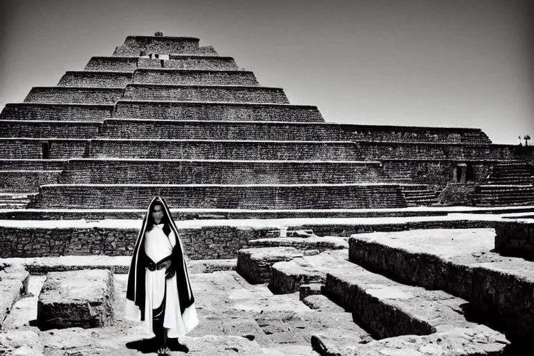 Prompt: full body photo portrait of ancient attractive provocative aztec beauty on top of the stone aztec pyramid as a priest, masses of people in the distance , old photo, highly detailed, fashion photography,award winning photo, black and white, by Annie Leibovitz, Ansel Adams, Dayanita Singh