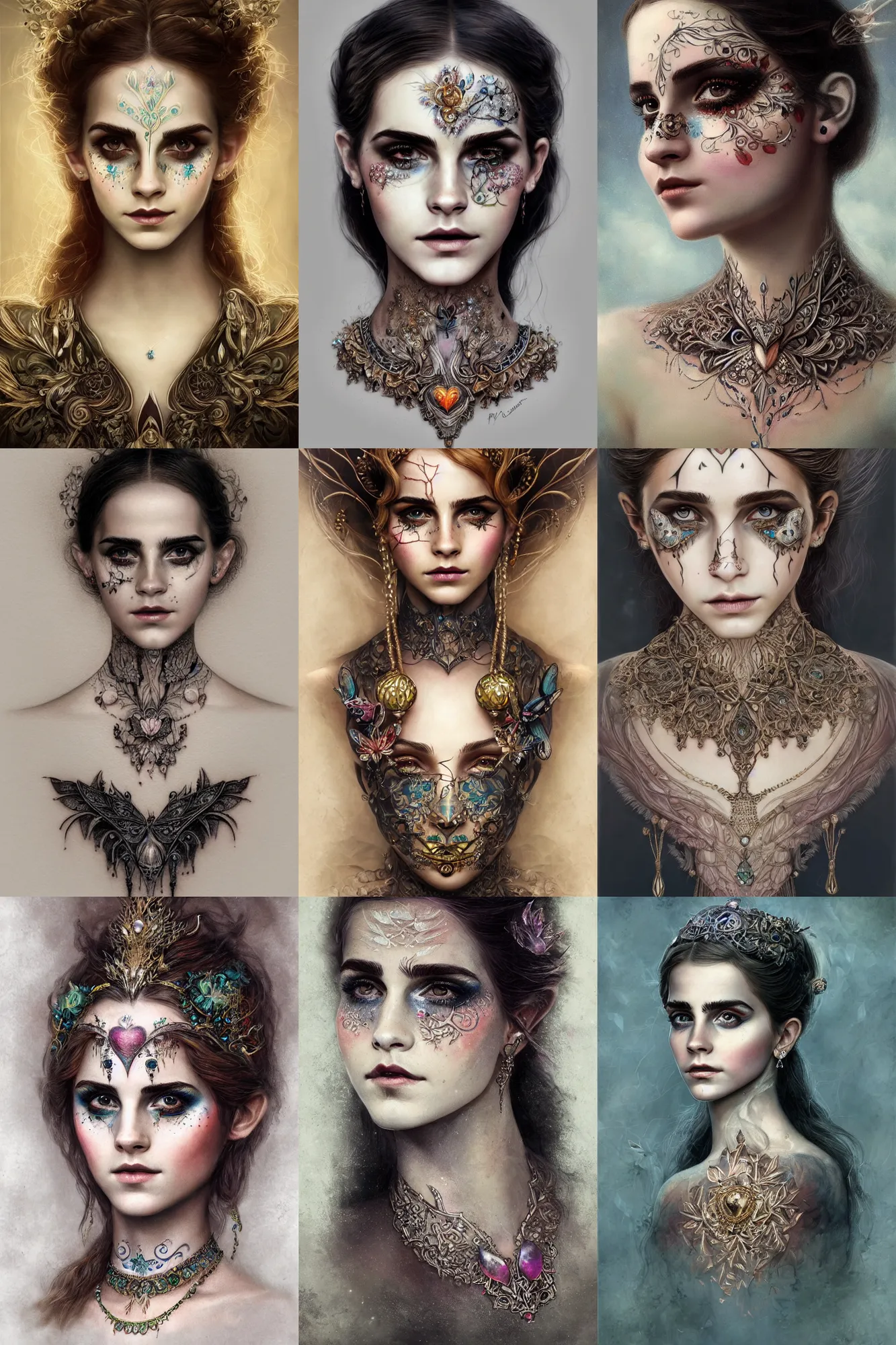Prompt: portrait of fairy, symmetric, facepaint facepaint facepaint, intricate jewelry, large neck pendant jewel, trending on artstation 4 k, high quality, in the style of karol bak and tom bagshaw, bust with face of emma watson, tattoos