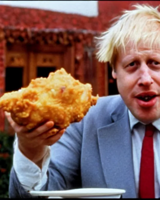 Prompt: film still close - up shot of boris johnson eating fried chicken from the movie monty python's the meaning of life. photographic, photography