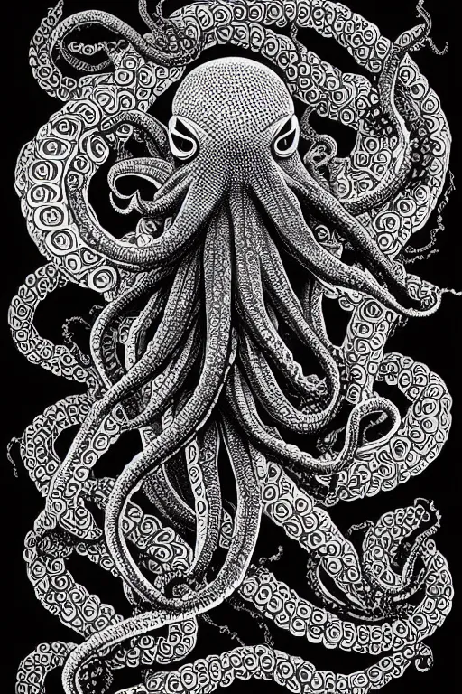 Image similar to black ink on paper, alien octopus, trending on artstation, beautiful, intricate, detailed