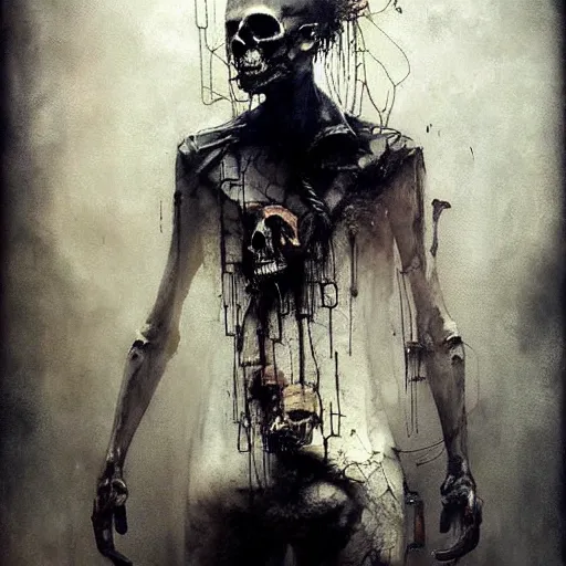 Prompt: skulls wires skin cyberpunk by emil melmoth zdzislaw belsinki craig mullins yoji shinkawa realistic render ominous detailed photo atmospheric by jeremy mann francis bacon and agnes cecile ink drips paint smears digital glitches glitchart