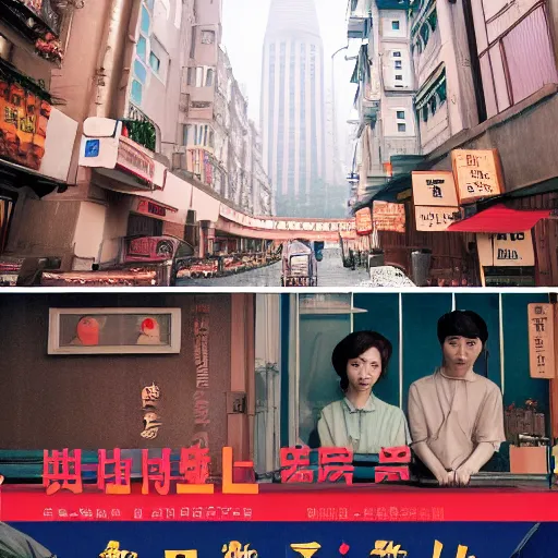 Image similar to Wes Anderson film style in ShangHai city, sharp focus , wideshot