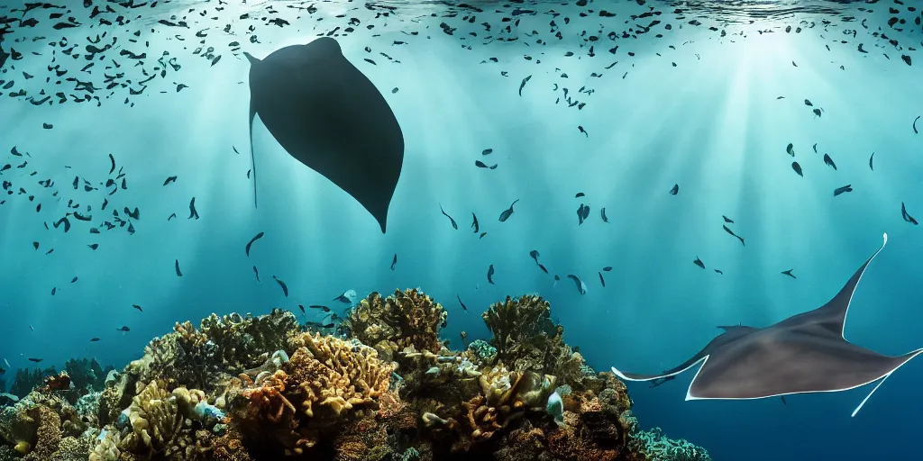 Prompt: hyperrealistic underwater photography, panoramic picture of an ocean floor with in the distance one single manta ray. focus on the manta ray. the manta ray is anatomically correct and highly detailed. the eyes are intricately detailed. there are lots of bubbles. seaweed and some rocks. gloomy scattered light entering from the water surface, trending on artstation, hq, 4 k