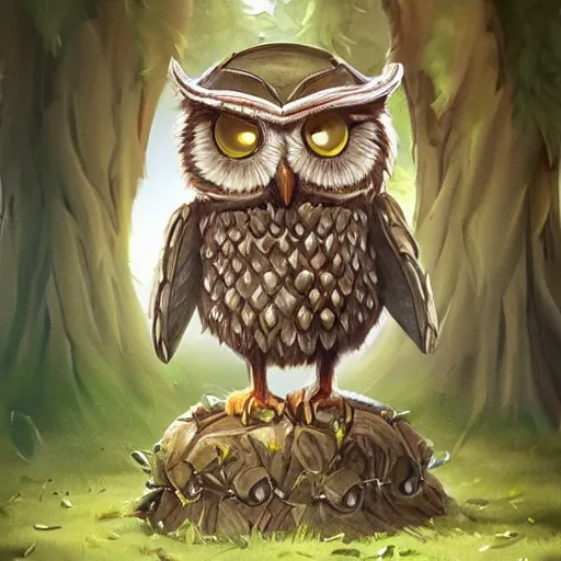 Image similar to A detailed, highly realistic anthropomorphic owl with a viking helmet and round shield standing in front of a tree, an anthropomorphic owl with a fluffy face wearing armor in front of a tree, digital art, ArtStation, Commission, Award Winning