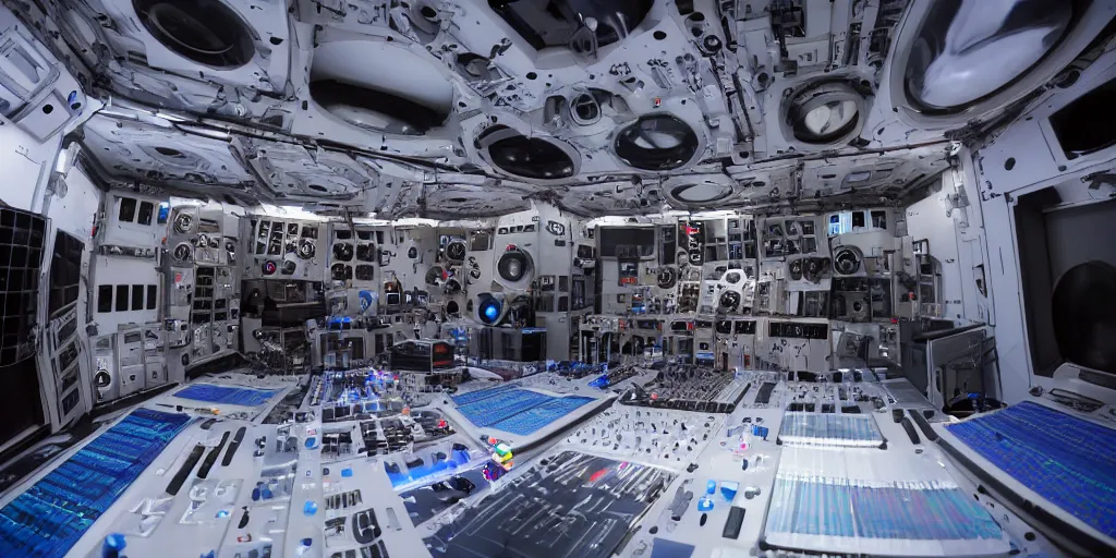 Image similar to giant speaker system music recording studio in the interior of an international space station. electronic dj equipment, modular synthesizer. photorealistic 35mm 4k cgsociety