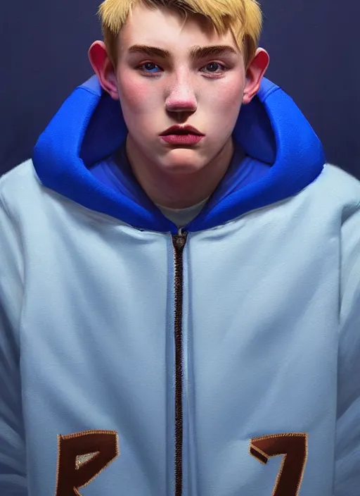 Image similar to portrait of high school senior boy named big moose, blonde short hair, jock, beefy, wide face, square jaw, square facial structure, blue varsity jacket with letter r, intricate, elegant, glowing lights, highly detailed, digital painting, artstation, concept art, sharp focus, illustration, art by wlop, mars ravelo and greg rutkowski