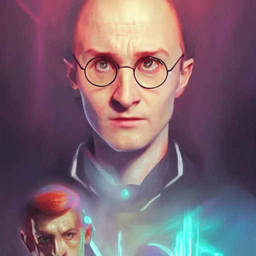 Image similar to portrait of Harry Potter with implants in cyberpunk, neon lighting, holding laser wand, digital art from artstation by Ruan Jia and Mandy Jurgens and Artgerm and william-adolphe bouguereau and Greg Rutkowski and Wayne Barlowe