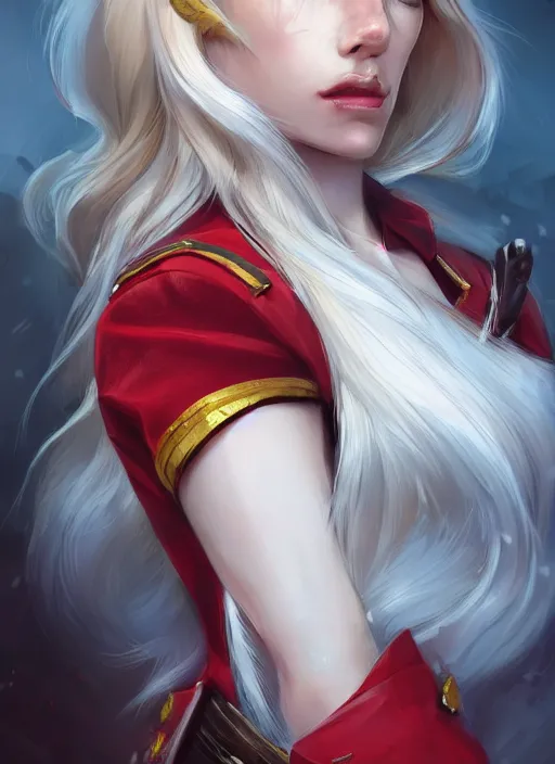 Image similar to a highly detailed illustration of beautiful long dirty blonde haired pale girl wearing red epaulette uniform, red eyes, dramatic seductive pose, intricate, elegant, highly detailed, centered, digital painting, artstation, concept art, smooth, sharp focus, league of legends concept art, WLOP