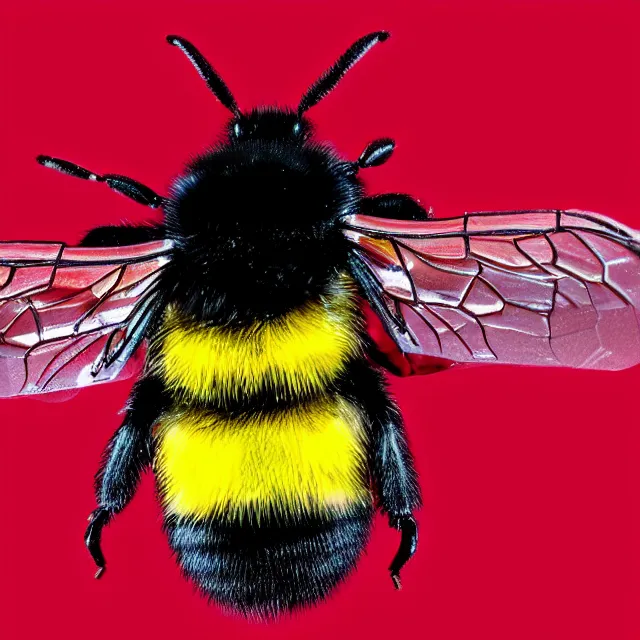 Prompt: bumble bee, red background, flying, 4 k