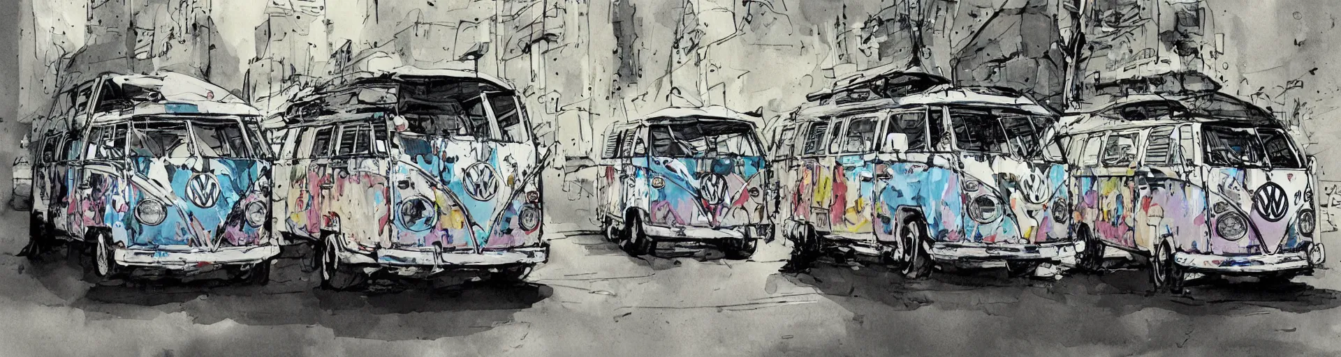 Image similar to vw bus on a street, illustration by ashley wood