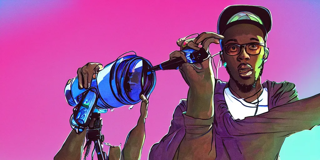 Prompt: rapper holding microphone towards camera, foreshortening, extreme perspective, digital art, vapor wave, hip hop, trending on Artstation, professional artist, detailed, 4k