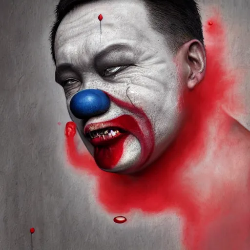 Image similar to clown cried with bloods, realism art by joongwon charles jeong, tjalf sparnaay, gottfried helnwein, roberto bernardi, emanuele dascanio, robin eley, eloy morales