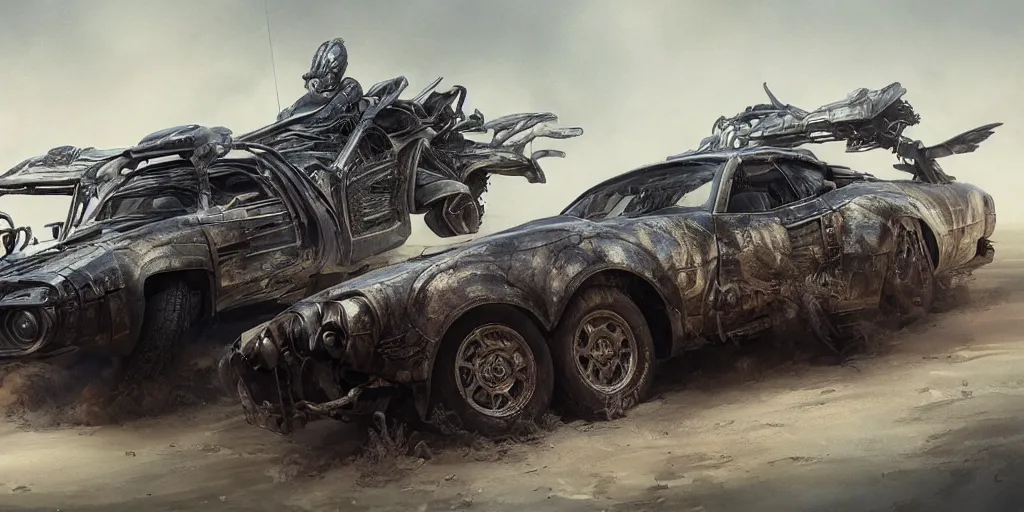 Image similar to full view of a car, intricate, elegant, highly detailed, digital painting, concept art, smooth, sharp focus, art style from wang ke and greg rutkowski and bruce kaiser and scott robertson and dmitry mazurkevich and doruk erdem and jon sibal, small style cue from blade runner and mad max