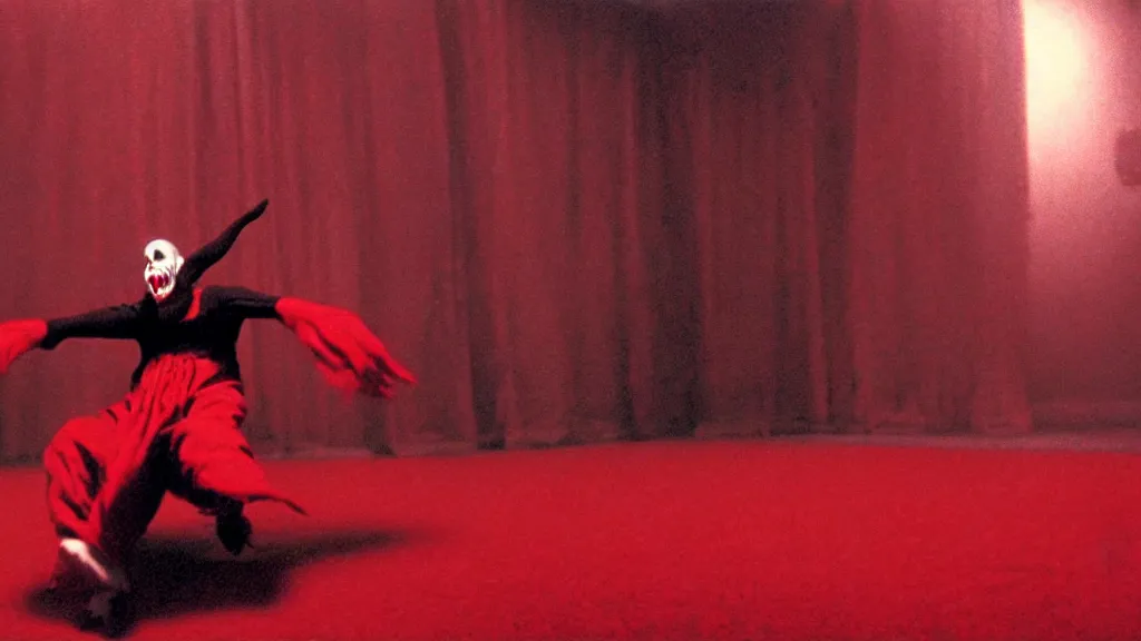 Prompt: a scary jester dances in a black and red checkered room, film still from the movie directed by Denis Villeneuve with art direction by Zdzisław Beksiński, wide lens