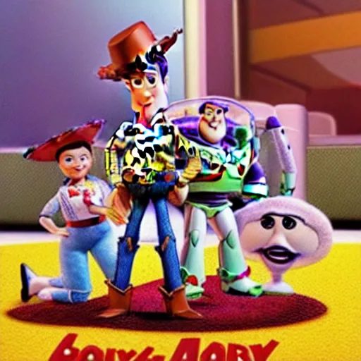 Image similar to Toy Story 2 but it's a horror film, scary, dramatic, traumatic, ridiculous