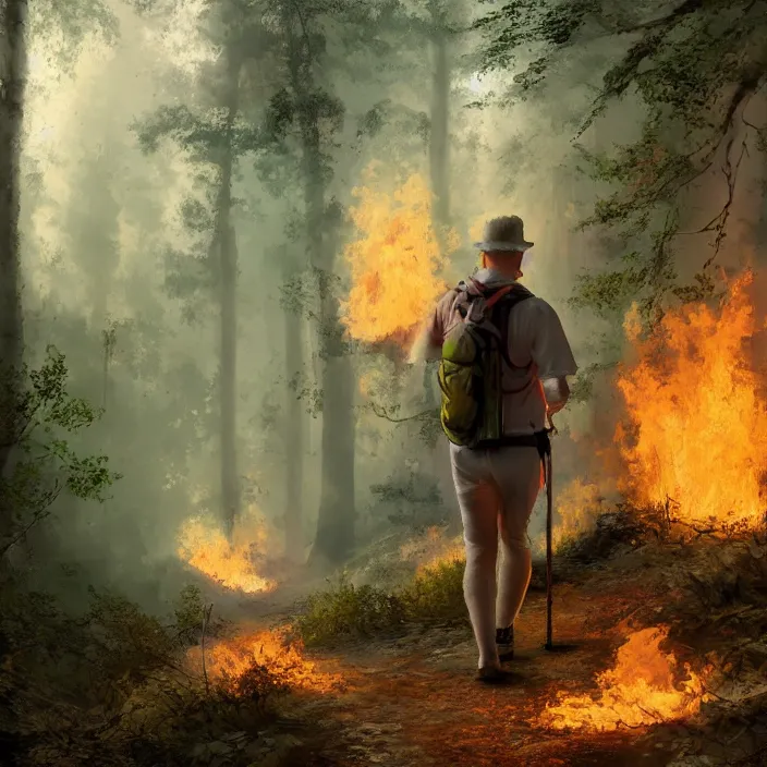 Image similar to happy blonde english man hiking a beautiful path through a forest ablaze on fire, fluent composition, concept art, ambient light, 4 k, intricate details, highly professionally detailed, cgsociety, highly detailed