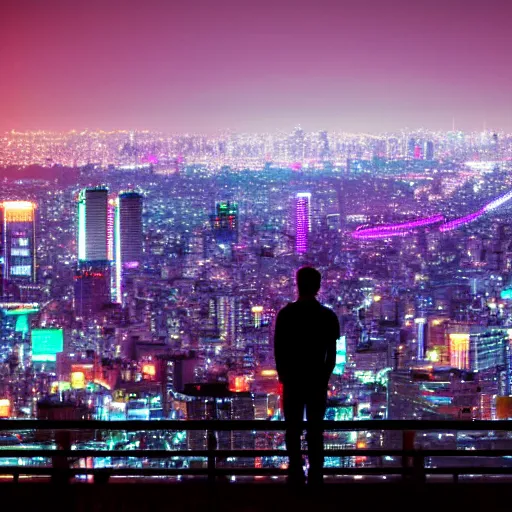 Prompt: silhouette of man in front of nighttime Tokyo city skyline, neon colors, beautiful photography, 8K