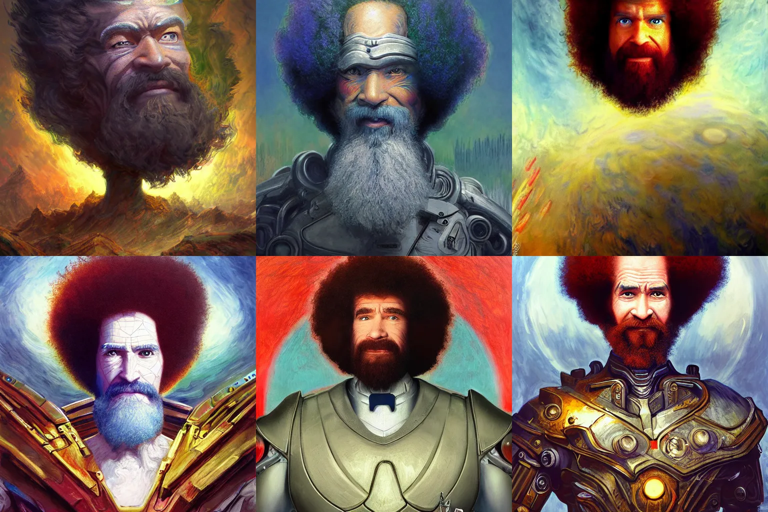 Prompt: A cyborg Bob Ross as the ultimate tyrant emperor of the universe. Realistic sci-fi concept. Trending on ArtStation. A vibrant digital oil painting. A highly detailed fantasy character illustration by Wayne Reynolds and Charles Monet and Gustave Dore and Carl Critchlow and Bram Sels