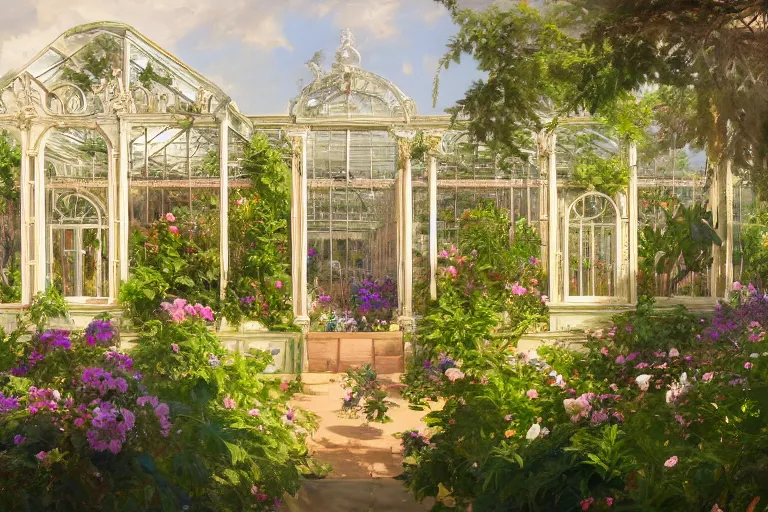 Image similar to weed greenhouse, rococo style, greek architecture, green marble building, marijuana trees, multicolored weed leaves, dynamic lighting, landscape, artwork by jeremy lipkin and giuseppe dangelico pino and michael garmash and rob rey and greg manchess and huang guangjian and makoto shinkai, pixiv, 1 0 0 mm