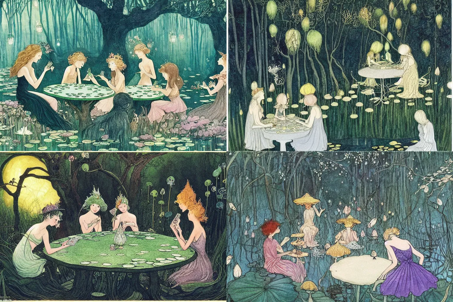 Prompt: a group of gracious fairies playing cards on a table in an atmospheric moonlit forest next to a beautiful pond filled with water lilies, artwork by ida rentoul outhwaite
