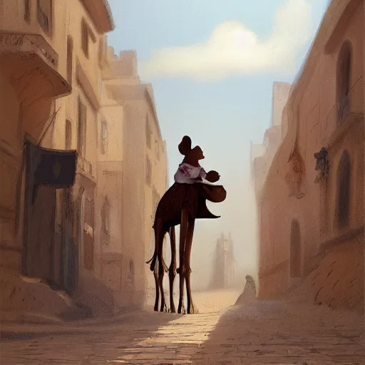 Image similar to A cute mouse riding a camel through a narrow street London, UK, 1885, digital art, trending on Artstation