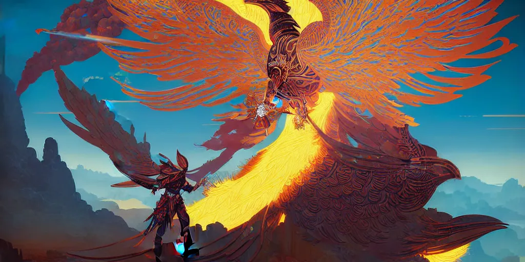 Image similar to guild wars 2, Phoenix, god rays, digital art, high detail by tristan eaton, victo ngai