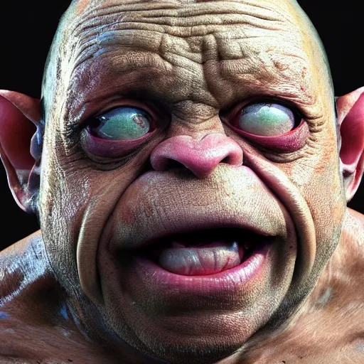 Image similar to hyperrealistic mixed media high resolution painting of Danny DeVito Gollum perched in a dark cave, stunning 3d render inspired art by Jamie Salmon and István Sándorfi and Unreal Engine and Greg Rutkowski, perfect facial symmetry, dim volumetric lighting, 8k octane beautifully detailed render, full body shot, post-processing, extremely hyper-detailed, intricate, epic composition, highly detailed attributes, highly detailed atmosphere, cinematic lighting, masterpiece, trending on artstation, very very detailed, masterpiece, stunning, flawless completion, lifelike texture, perfection,