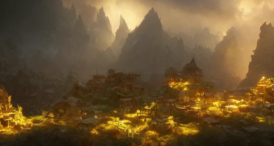 Image similar to book illustration of epic landscape valley with small wooden village. Atmospheric beautiful by Eddie mendoza and Craig Mullins. volumetric lights volumetric lights